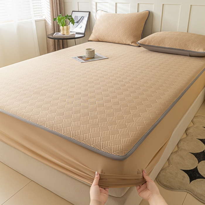 91家纺网 家纺一手货源 找家纺 欧邦 2025新款雅阁系列提花冰豆豆床笠款夏被四件套 雅格-咖色