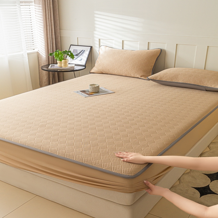 91家纺网 家纺一手货源 找家纺 欧邦 2025新款雅阁系列提花冰豆豆床笠款夏被四件套 雅格-咖色