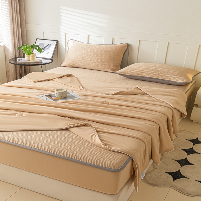 91家纺网 家纺一手货源 找家纺 欧邦 2025新款雅阁系列提花冰豆豆床笠款夏被四件套 雅格-咖色