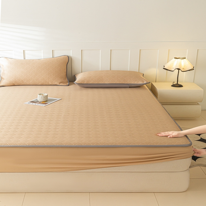 91家纺网 家纺一手货源 找家纺 欧邦 2025新款雅阁系列提花冰豆豆床笠款夏被四件套 雅格-咖色