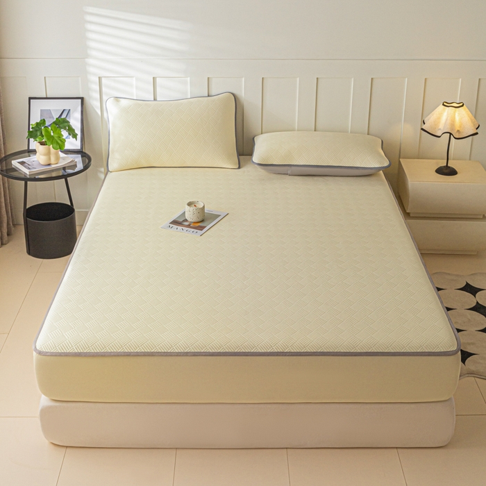 91家纺网 家纺一手货源 找家纺 欧邦 2025新款雅阁系列提花冰豆豆床笠款夏被四件套 雅格-暖黄