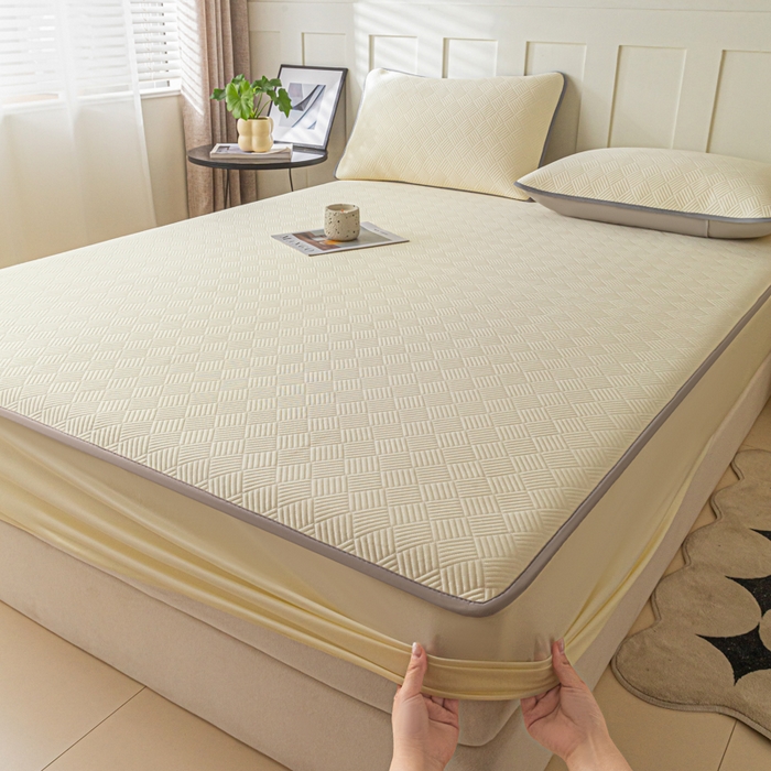 91家纺网 家纺一手货源 找家纺 欧邦 2025新款雅阁系列提花冰豆豆床笠款夏被四件套 雅格-暖黄