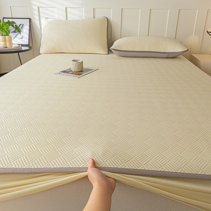 91家纺网 家纺一手货源 找家纺 欧邦 2025新款雅阁系列提花冰豆豆床笠款夏被四件套 雅格-暖黄