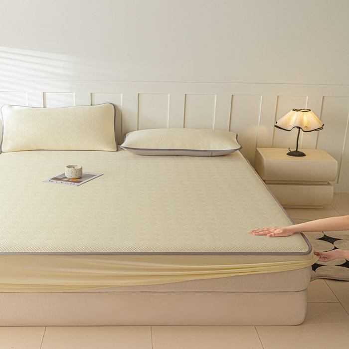 91家纺网 家纺一手货源 找家纺 欧邦 2025新款雅阁系列提花冰豆豆床笠款夏被四件套 雅格-暖黄