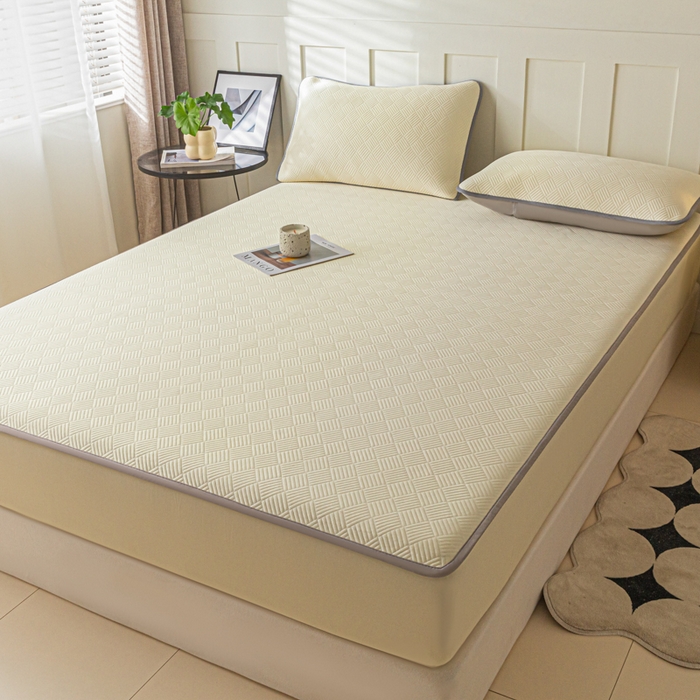 91家纺网 家纺一手货源 找家纺 欧邦 2025新款雅阁系列提花冰豆豆床笠款夏被四件套 雅格-暖黄