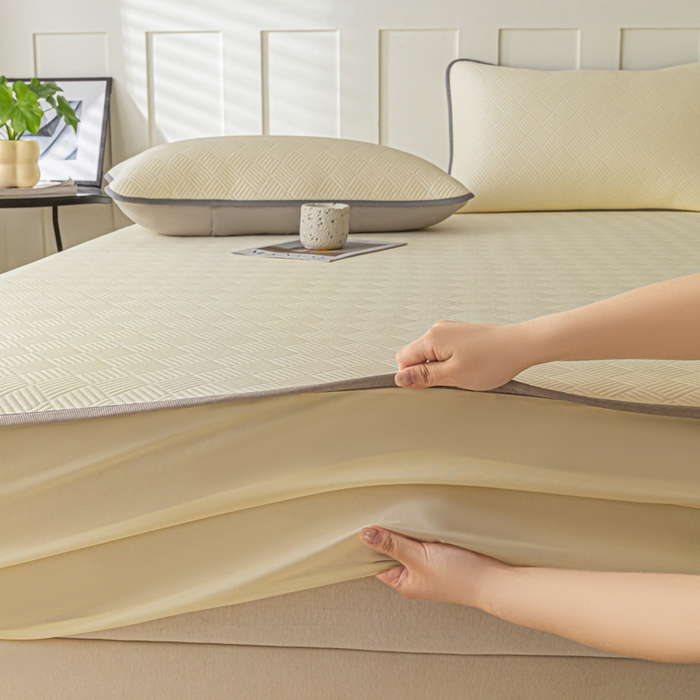 91家纺网 家纺一手货源 找家纺 欧邦 2025新款雅阁系列提花冰豆豆床笠款夏被四件套 雅格-暖黄