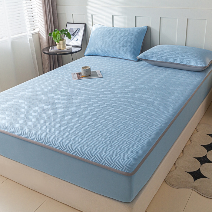 91家纺网 家纺一手货源 找家纺 欧邦 2025新款雅阁系列提花冰豆豆床笠款夏被四件套 雅格-雀蓝