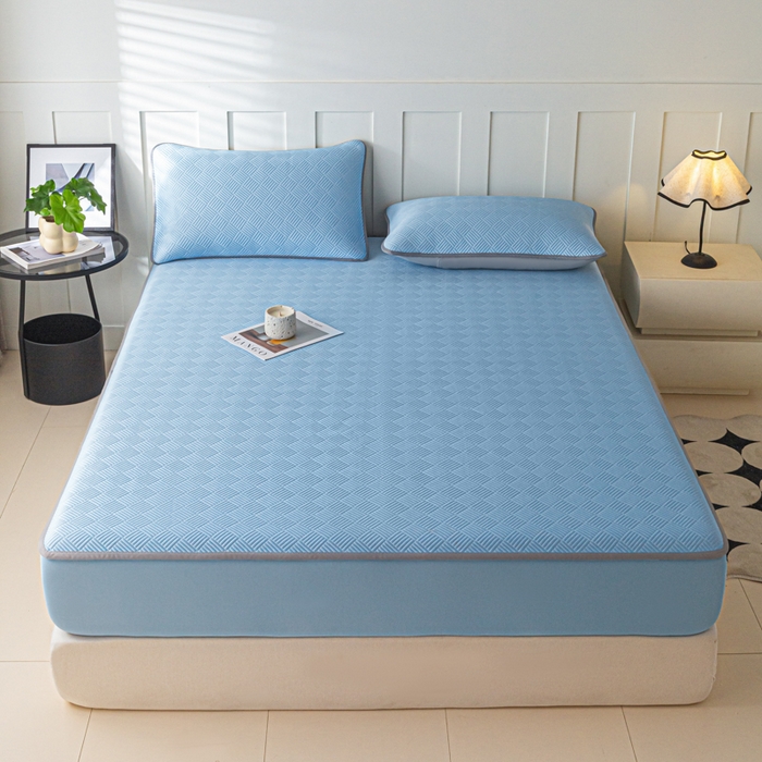 91家纺网 家纺一手货源 找家纺 欧邦 2025新款雅阁系列提花冰豆豆床笠款夏被四件套 雅格-雀蓝