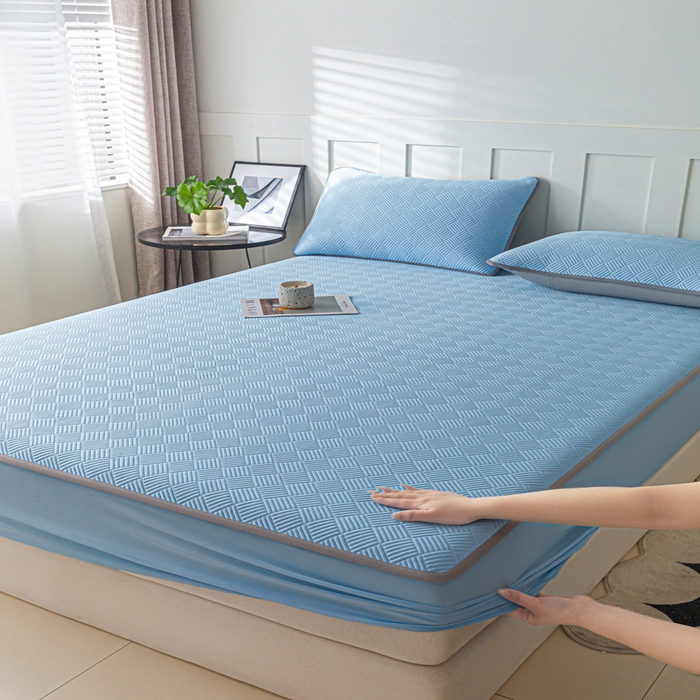 91家纺网 家纺一手货源 找家纺 欧邦 2025新款雅阁系列提花冰豆豆床笠款夏被四件套 雅格-雀蓝