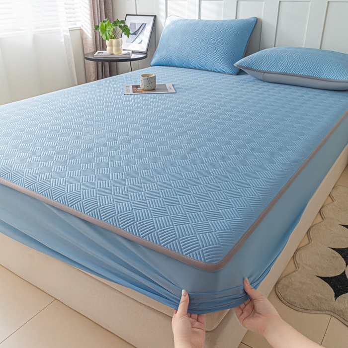 91家纺网 家纺一手货源 找家纺 欧邦 2025新款雅阁系列提花冰豆豆床笠款夏被四件套 雅格-雀蓝