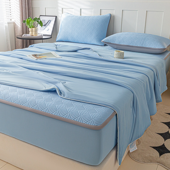 91家纺网 家纺一手货源 找家纺 欧邦 2025新款雅阁系列提花冰豆豆床笠款夏被四件套 雅格-雀蓝