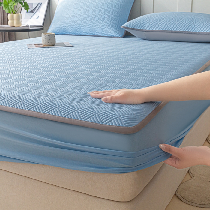 91家纺网 家纺一手货源 找家纺 欧邦 2025新款雅阁系列提花冰豆豆床笠款夏被四件套 雅格-雀蓝