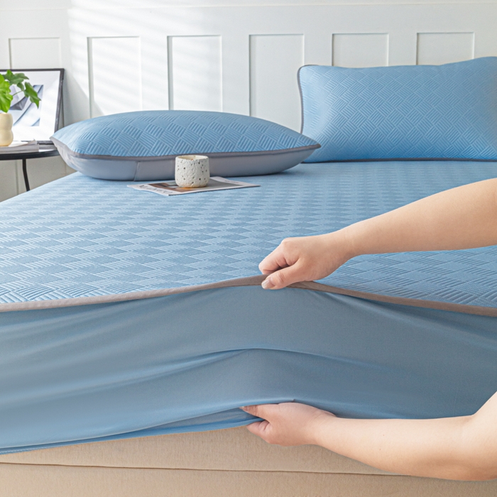 91家纺网 家纺一手货源 找家纺 欧邦 2025新款雅阁系列提花冰豆豆床笠款夏被四件套 雅格-雀蓝