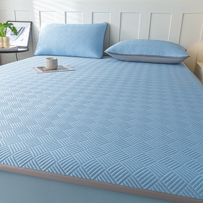 91家纺网 家纺一手货源 找家纺 欧邦 2025新款雅阁系列提花冰豆豆床笠款夏被四件套 雅格-雀蓝