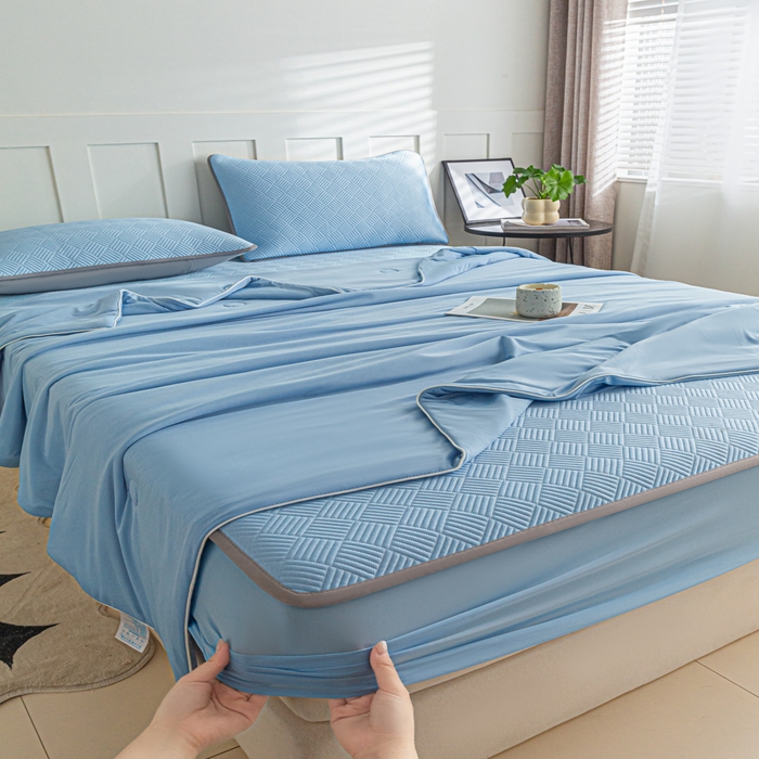 91家纺网 家纺一手货源 找家纺 欧邦 2025新款雅阁系列提花冰豆豆床笠款夏被四件套 雅格-雀蓝