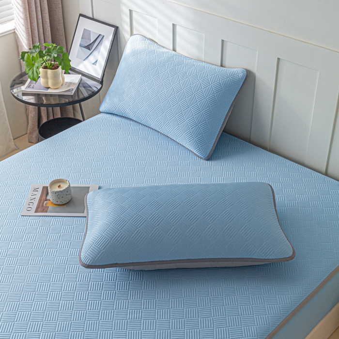 91家纺网 家纺一手货源 找家纺 欧邦 2025新款雅阁系列提花冰豆豆床笠款夏被四件套 雅格-雀蓝