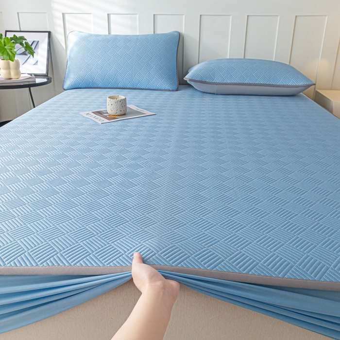 91家纺网 家纺一手货源 找家纺 欧邦 2025新款雅阁系列提花冰豆豆床笠款夏被四件套 雅格-雀蓝