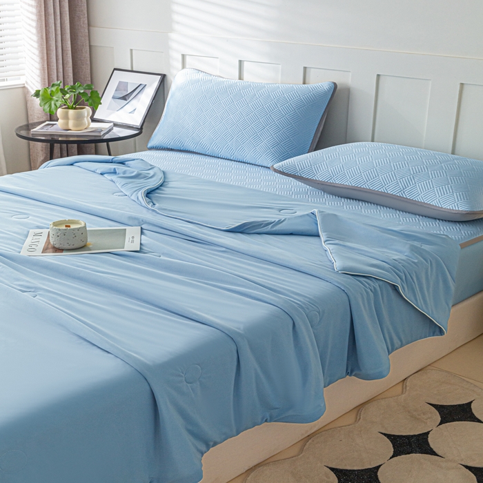 91家纺网 家纺一手货源 找家纺 欧邦 2025新款雅阁系列提花冰豆豆床笠款夏被四件套 雅格-雀蓝