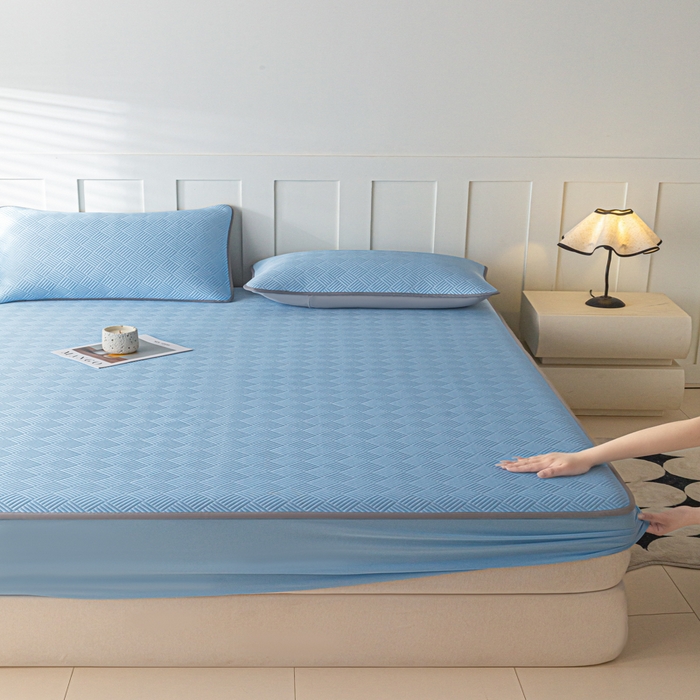 91家纺网 家纺一手货源 找家纺 欧邦 2025新款雅阁系列提花冰豆豆床笠款夏被四件套 雅格-雀蓝