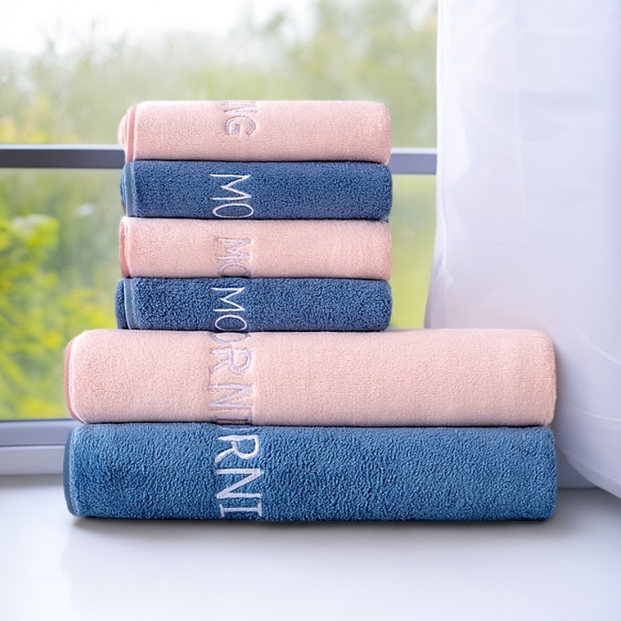 彩虹毛巾 2025新款电商赠品早安珊瑚绒毛巾浴巾两件套方巾毛巾浴巾套装加厚吸水浴巾直播福利 早安拼色六件套【粉+蓝】 组合套装