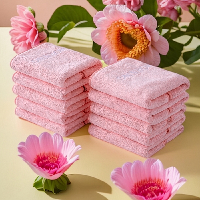 91家纺网 家纺一手货源 找家纺 彩虹毛巾 2025新款电商赠品早安珊瑚绒毛巾浴巾两件套方巾毛巾浴巾套装加厚吸水浴巾直播福利 早安粉色毛巾10条装【俯拍】 组合套装