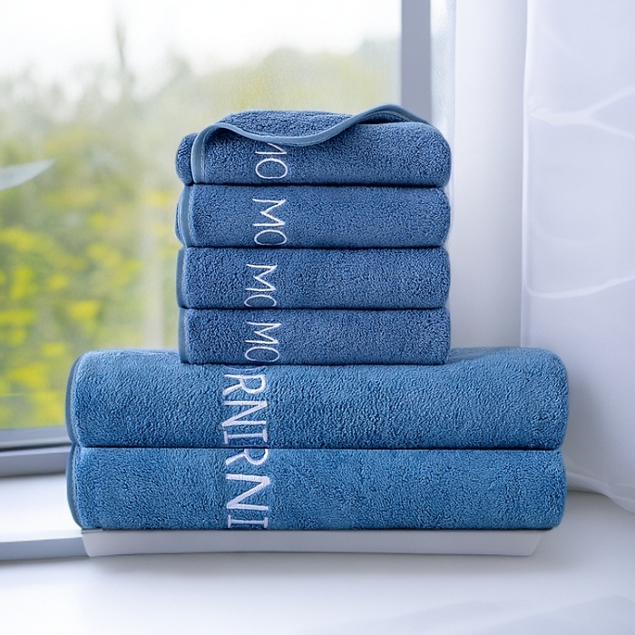 彩虹毛巾 2025新款电商赠品早安珊瑚绒毛巾浴巾两件套方巾毛巾浴巾套装加厚吸水浴巾直播福利 早安蓝色2条浴巾+4条毛巾 组合套装