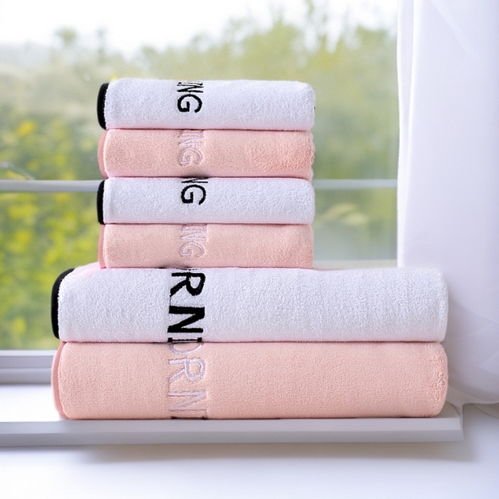 91家纺网 家纺一手货源 找家纺 彩虹毛巾 2025新款电商赠品早安珊瑚绒毛巾浴巾两件套方巾毛巾浴巾套装加厚吸水浴巾直播福利 早安拼色六件套【白+粉】 组合套装