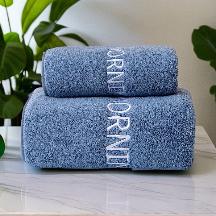 彩虹毛巾 2025新款电商赠品早安珊瑚绒毛巾浴巾两件套方巾毛巾浴巾套装加厚吸水浴巾直播福利 早安蓝色套装 组合套装