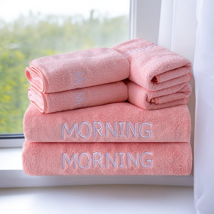 彩虹毛巾 2025新款电商赠品早安珊瑚绒毛巾浴巾两件套方巾毛巾浴巾套装加厚吸水浴巾直播福利 早安粉色六件套 组合套装