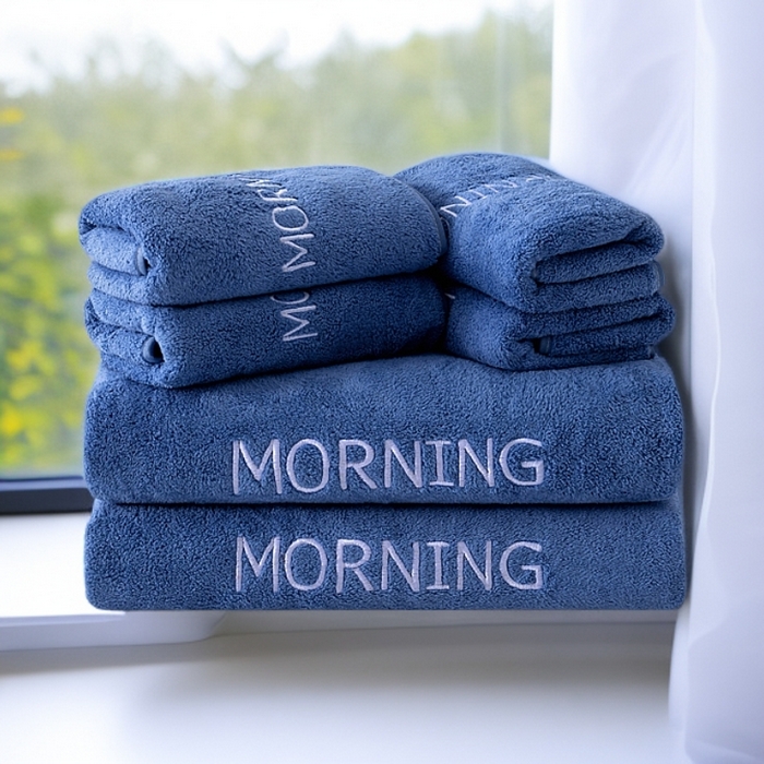 91家纺网 家纺一手货源 找家纺 彩虹毛巾 2025新款电商赠品早安珊瑚绒毛巾浴巾两件套方巾毛巾浴巾套装加厚吸水浴巾直播福利 早安蓝色六件套 组合套装