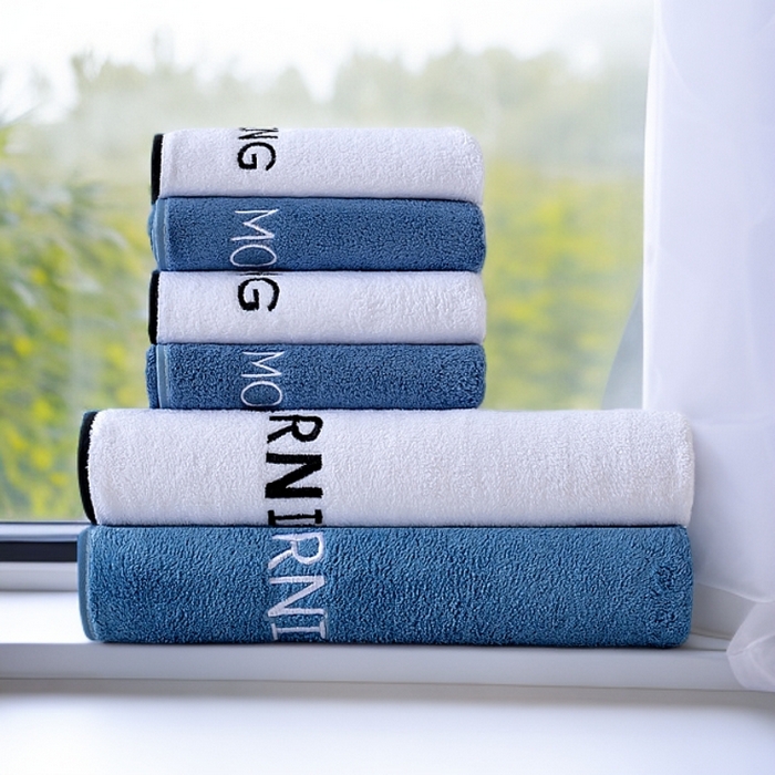 彩虹毛巾 2025新款电商赠品早安珊瑚绒毛巾浴巾两件套方巾毛巾浴巾套装加厚吸水浴巾直播福利 早安拼色六件套【白+蓝】 组合套装