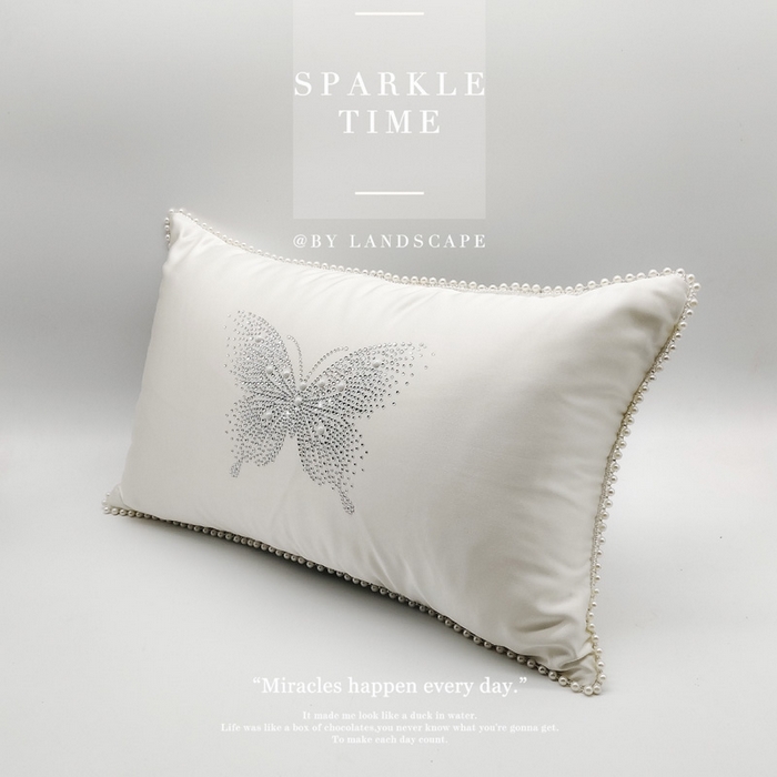 91家纺网 家纺一手货源 找家纺 澜屿 新款珍珠蝶影珍珠烫钻轻奢高端抱枕配饰枕套枕芯 珍珠蝶影-米白