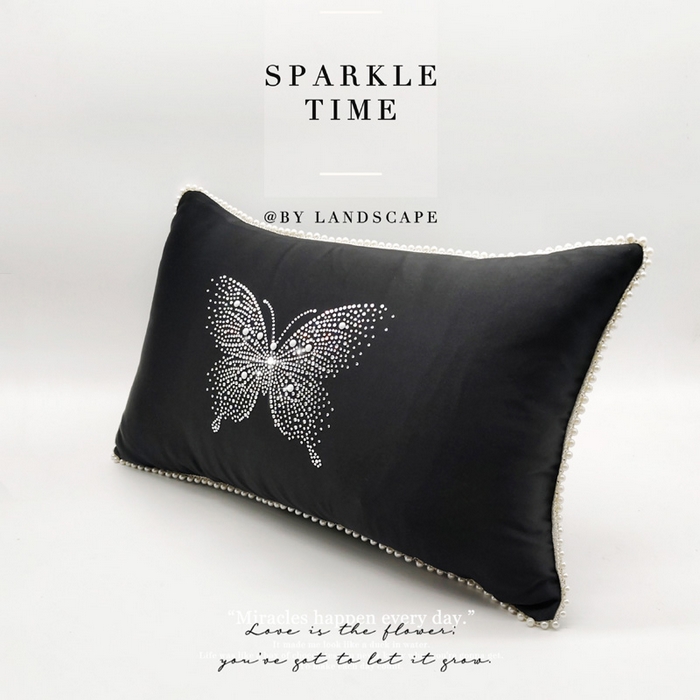 91家纺网 家纺一手货源 找家纺 澜屿 新款珍珠蝶影珍珠烫钻轻奢高端抱枕配饰枕套枕芯 珍珠蝶影-曜黑