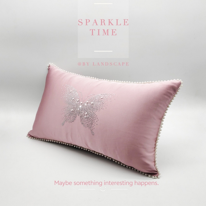 91家纺网 家纺一手货源 找家纺 澜屿 新款珍珠蝶影珍珠烫钻轻奢高端抱枕配饰枕套枕芯 珍珠蝶影-粉色