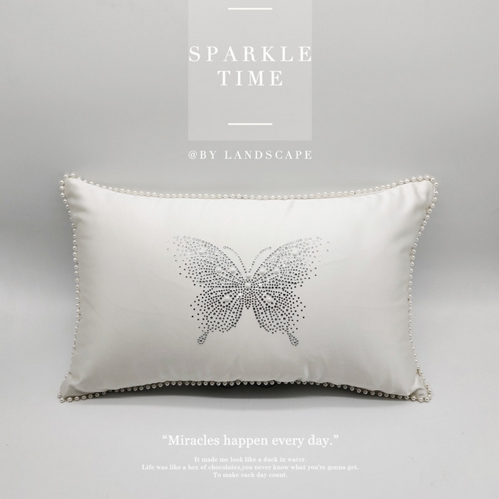 澜屿 新款珍珠蝶影珍珠烫钻轻奢高端抱枕配饰枕套枕芯 珍珠蝶影-米白