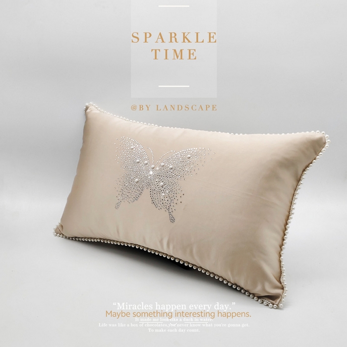 91家纺网 家纺一手货源 找家纺 澜屿 新款珍珠蝶影珍珠烫钻轻奢高端抱枕配饰枕套枕芯 珍珠蝶影-香槟