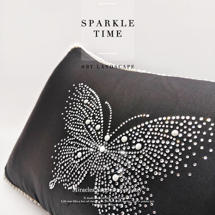 91家纺网 家纺一手货源 找家纺 澜屿 新款珍珠蝶影珍珠烫钻轻奢高端抱枕配饰枕套枕芯 珍珠蝶影-曜黑