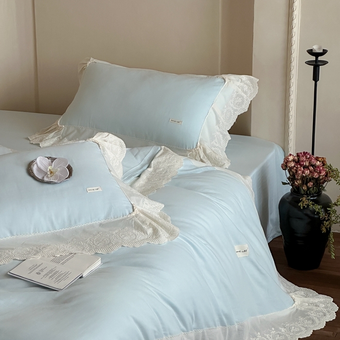 91家纺网 家纺一手货源 找家纺 （总）小春日和 2025新款法式纯棉双层纱A类公主风四件套儿童婴幼儿被套纯色床单1.8床笠加大床单