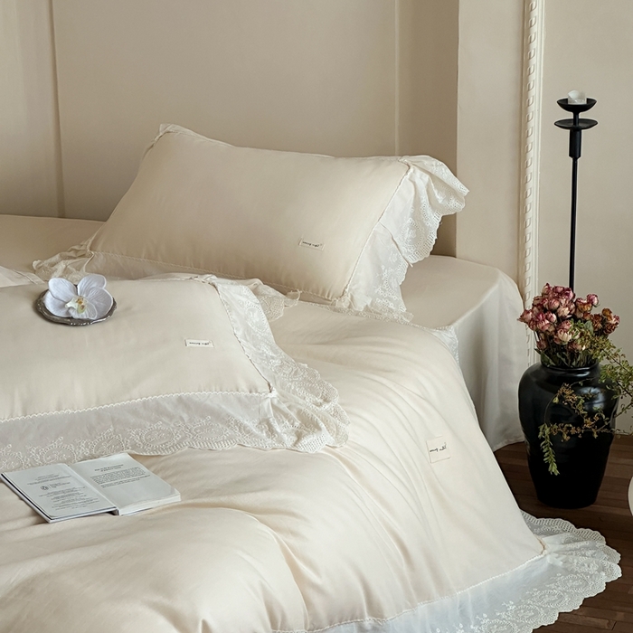 91家纺网 家纺一手货源 找家纺 （总）小春日和 2025新款法式纯棉双层纱A类公主风四件套儿童婴幼儿被套纯色床单1.8床笠加大床单