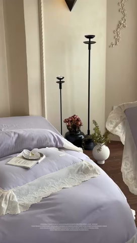 91家纺网 家纺一手货源 找家纺 （总）小春日和 2025新款法式纯棉双层纱A类公主风四件套儿童婴幼儿被套纯色床单1.8床笠加大床单