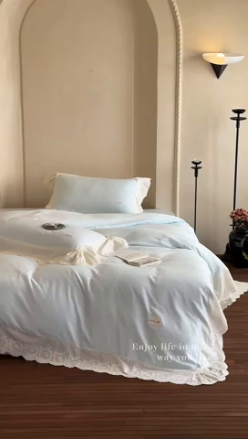 91家纺网 家纺一手货源 找家纺 （总）小春日和 2025新款法式纯棉双层纱A类公主风四件套儿童婴幼儿被套纯色床单1.8床笠加大床单