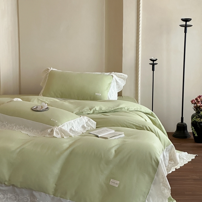 91家纺网 家纺一手货源 找家纺 小春日和 2025新款法式纯棉双层纱A类公主风四件套儿童婴幼儿被套纯色床单1.8床笠加大床单 梅子青