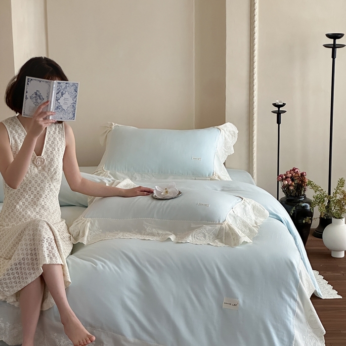 91家纺网 家纺一手货源 找家纺 （总）小春日和 2025新款法式纯棉双层纱A类公主风四件套儿童婴幼儿被套纯色床单1.8床笠加大床单