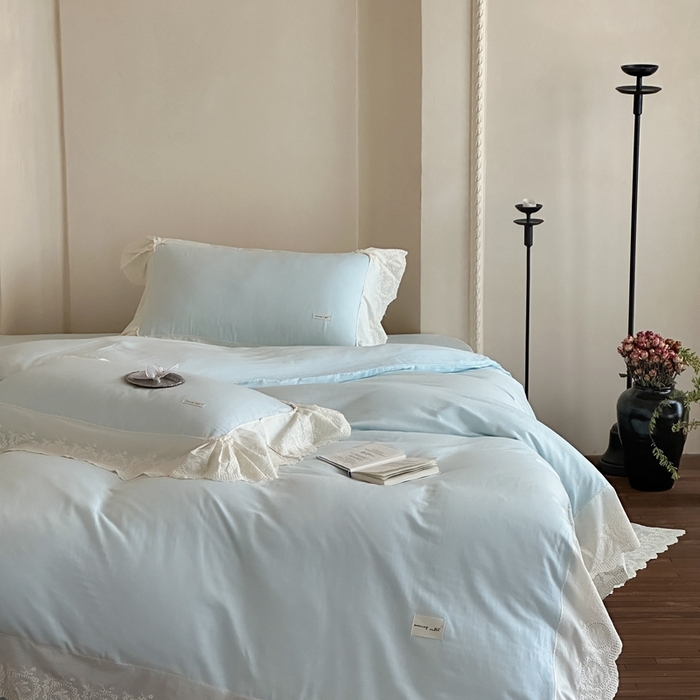 91家纺网 家纺一手货源 找家纺 （总）小春日和 2025新款法式纯棉双层纱A类公主风四件套儿童婴幼儿被套纯色床单1.8床笠加大床单