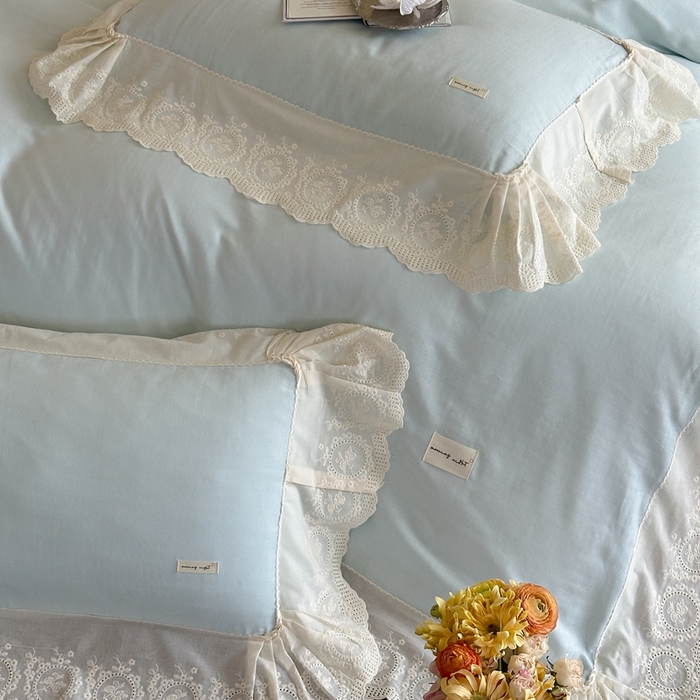 91家纺网 家纺一手货源 找家纺 （总）小春日和 2025新款法式纯棉双层纱A类公主风四件套儿童婴幼儿被套纯色床单1.8床笠加大床单