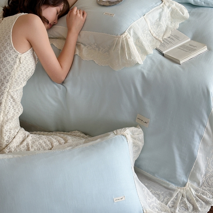 91家纺网 家纺一手货源 找家纺 （总）小春日和 2025新款法式纯棉双层纱A类公主风四件套儿童婴幼儿被套纯色床单1.8床笠加大床单