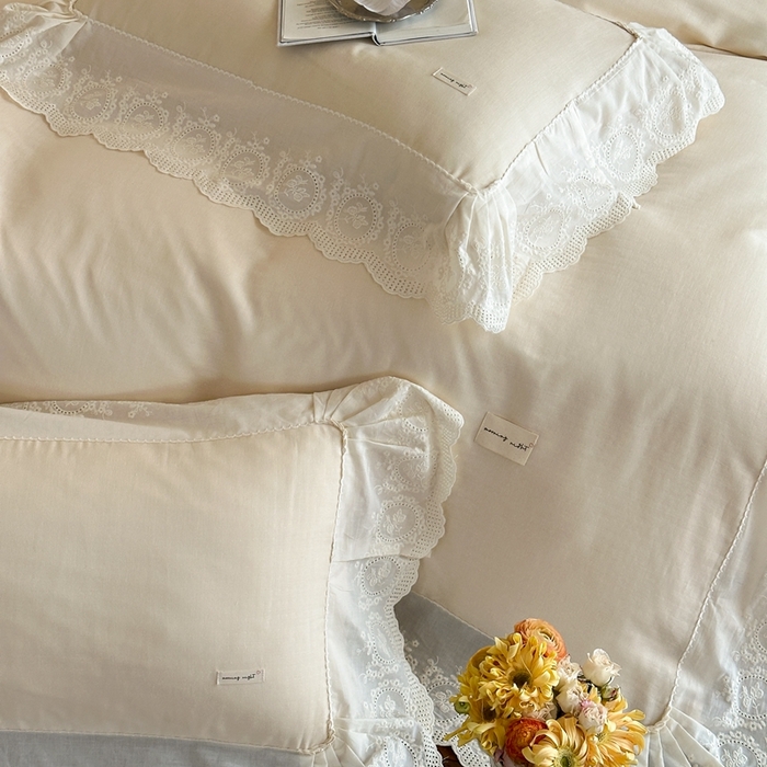 91家纺网 家纺一手货源 找家纺 小春日和 2025新款法式纯棉双层纱A类公主风四件套儿童婴幼儿被套纯色床单1.8床笠加大床单 象牙白