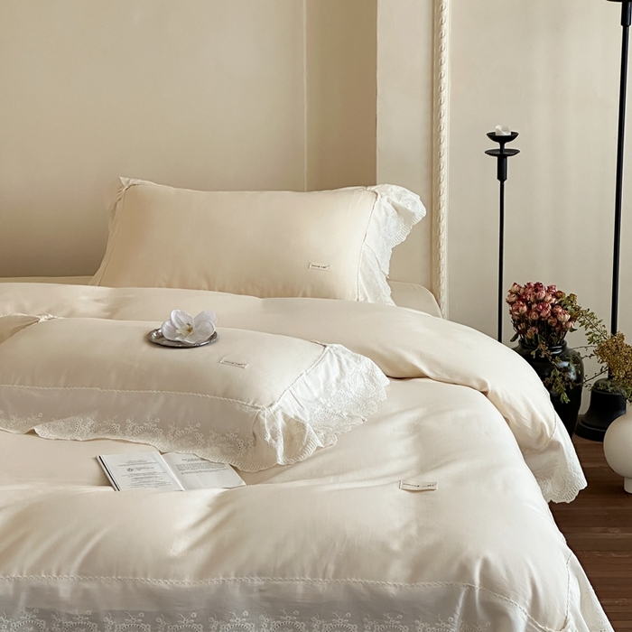 91家纺网 家纺一手货源 找家纺 小春日和 2025新款法式纯棉双层纱A类公主风四件套儿童婴幼儿被套纯色床单1.8床笠加大床单 象牙白