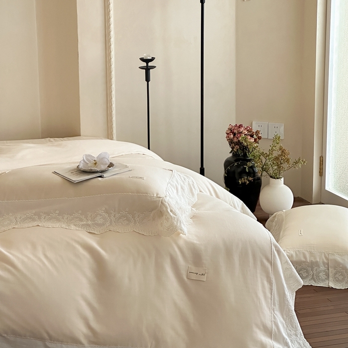 91家纺网 家纺一手货源 找家纺 小春日和 2025新款法式纯棉双层纱A类公主风四件套儿童婴幼儿被套纯色床单1.8床笠加大床单 象牙白