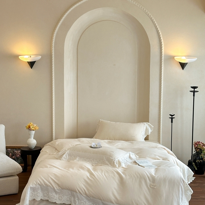 91家纺网 家纺一手货源 找家纺 小春日和 2025新款法式纯棉双层纱A类公主风四件套儿童婴幼儿被套纯色床单1.8床笠加大床单 象牙白